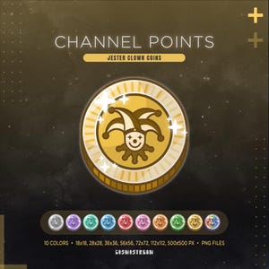 May include: A digital graphic featuring a large gold coin with a jester clown face icon in the center. The text reads CHANNEL POINTS and JESTER CLOWN COINS. Below are ten smaller circular icons in various colors, with text listing sizes 18x18 to 500x500 px.