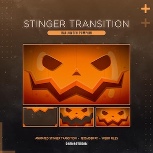 May include: Animated stinger transition featuring a carved Halloween pumpkin face with an orange and brown color scheme. The text "STINGER TRANSITION" and "HALLOWEEN PUMPKIN" are displayed at the top. Additional pumpkin face variations are shown below.