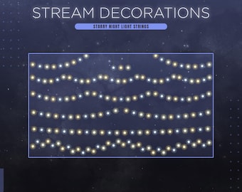 Puede incluir: Imagen de "Stream Decorations" con el texto "Starry Night Light Strings". La imagen muestra hileras de luces animadas en forma de estrella en blanco y amarillo sobre un fondo azul oscuro. El texto en la parte inferior dice "12 Animated Decorations, Customizable, WEBM Files".