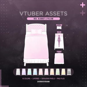 Puede incluir: Ilustración digital de un juego de cama, manta y almohada en una suave combinación de colores rosa. La imagen incluye una vista frontal y trasera de la cama, junto con una selección de diez variaciones de color. El texto dice "VTUBER ASSETS" y "BED, BLANKET & PILLOW."