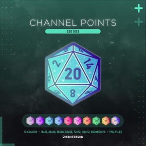Puede incluir: Imagen digital que presenta un dado D20 con el texto "CHANNEL POINTS" y "D20 DICE". El dado es de color azul claro con números azul oscuro. Debajo, 10 variaciones de color del dado. La imagen también incluye el texto "10 COLORS", dimensiones en píxeles y "PNG FILES".