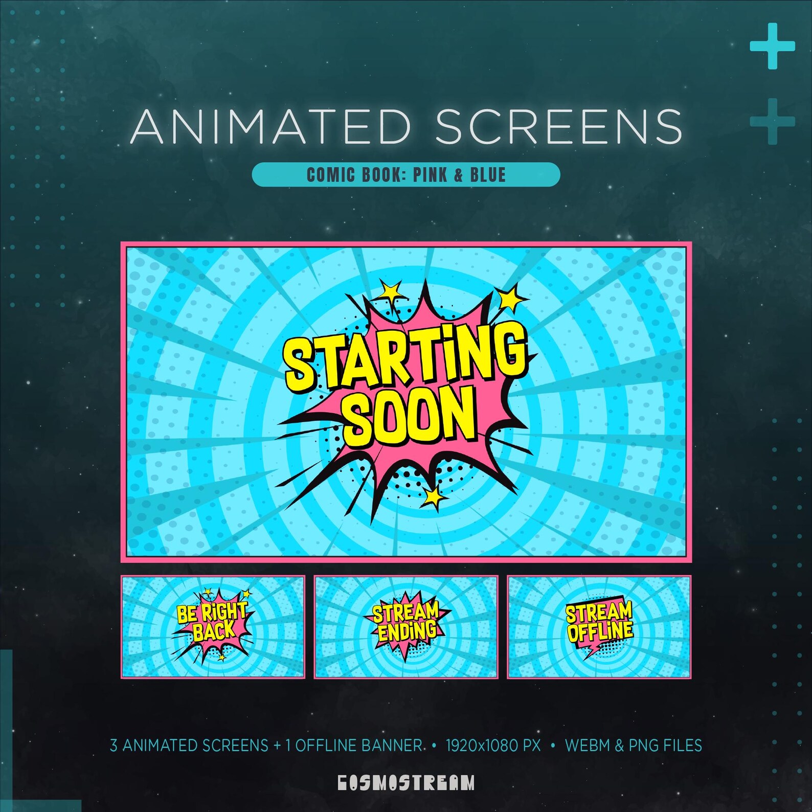 Funimate Overlay Blue & Pink Comic Twitch Overlay Package | Animated Stream Bundle ...