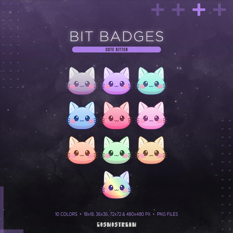 May include: A graphic featuring nine colorful cat-shaped bit badges. The badges are in various colors, including gray, purple, blue, pink, orange, green, and yellow, with a rainbow-colored badge at the bottom. Text at the top reads "BIT BADGES" and "CUTE KITTEN".