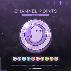 Puede incluir: Gráfico digital con una moneda morada con una ilustración de fantasma sonriente. La moneda está rodeada por un borde decorativo y el texto "CHANNEL POINTS" y "GHOST COINS". Debajo hay 10 variaciones de color de la moneda.