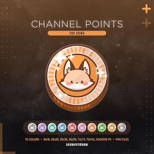 Puede incluir: Gráfico digital con una moneda con una ilustración de zorro, etiquetada como "Channel Points" y "Fox Coins". La moneda es naranja con una cara de zorro blanco. Se muestran variaciones de color adicionales de la moneda a continuación. El texto incluye "10 colores" y dimensiones en píxeles.