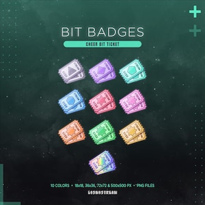 Pode incluir: Um conjunto de distintivos digitais coloridos em forma de bilhetes. Os distintivos são em várias cores, incluindo roxo, azul, rosa, laranja e verde. O texto "BIT BADGES" e "CHEER BIT TICKET" está no topo. A imagem também inclui o texto "10 COLORS" e "GOSMOSTREAM".