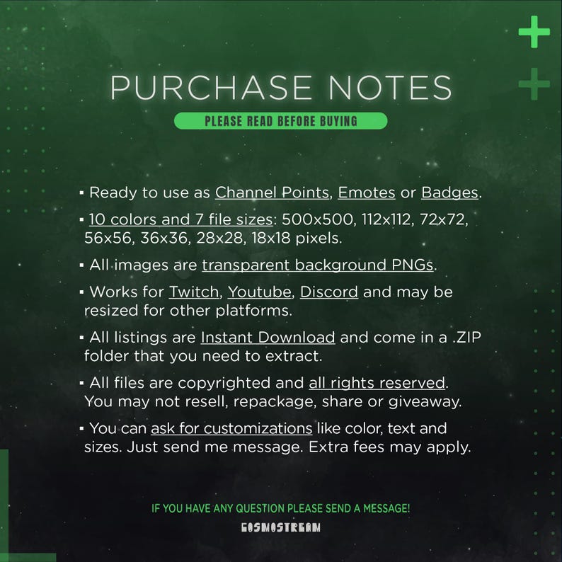 May include: Green digital download graphic with the text "PURCHASE NOTES" and "PLEASE READ BEFORE BUYING". The text describes the product as usable for Channel Points, Emotes, or Badges, with 10 colors and 7 file sizes.