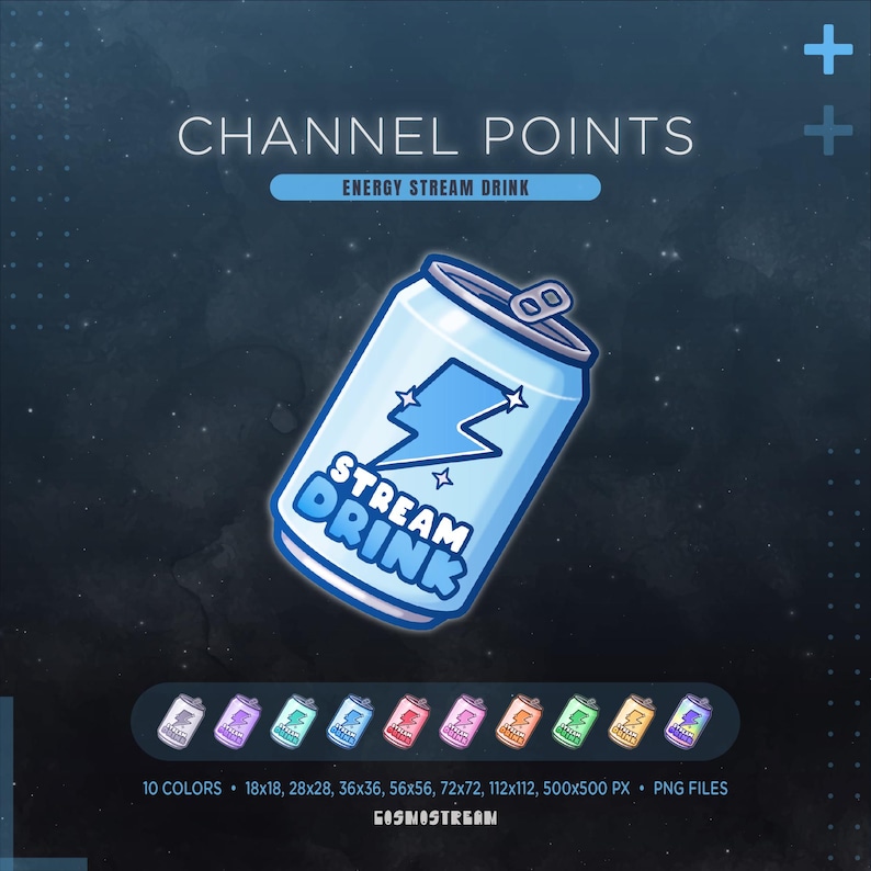 Może przedstawiać: Cyfrowa grafika jasnoniebieskiej puszki napoju energetycznego z niebieską błyskawicą i napisem "STREAM DRINK". Tekst "CHANNEL POINTS" i "ENERGY STREAM DRINK" znajduje się na g&oacute;rze. Poniżej znajduje się 10 wariant&oacute;w kolorystycznych puszki.