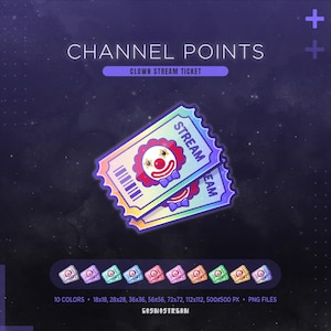 May include: Digital clown stream ticket design with a clown face and the word "STREAM". The image includes multiple colour variations and text that reads "CHANNEL POINTS" and "CLOWN STREAM TICKET".