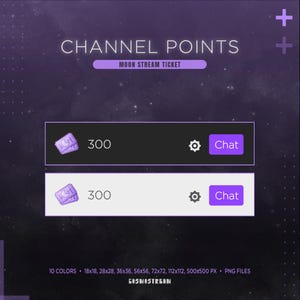 May include: Digital graphic with the text "CHANNEL POINTS" and "MOON STREAM TICKET". Two rectangular boxes, one black and one white, each display a ticket icon, the number "300", a gear icon, and a purple "Chat" button. The background is a gradient of purple and black.