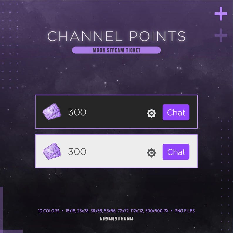 May include: Digital graphic with the text "CHANNEL POINTS" and "MOON STREAM TICKET". Two rectangular boxes, one black and one white, each display a ticket icon, the number "300", a gear icon, and a purple "Chat" button. The background is a gradient of purple and black.