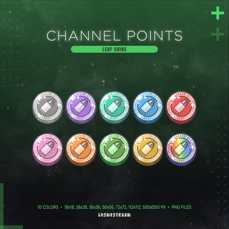 May include: A graphic featuring ten colorful coin designs with a bullet icon in the center. The text "CHANNEL POINTS" and "LEAF COINS" are at the top. The image also includes the text "10 COLORS" and size specifications in pixels.