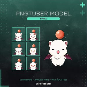 Può includere: Modello PNGTuber digitale di un personaggio Moogle con sei espressioni diverse. Il personaggio è bianco con un naso rosso, un globo rosso sopra la testa e ali viola a forma di pipistrello. L'immagine include anche il testo "PNGTUBER MODEL" e "MOOGLE".