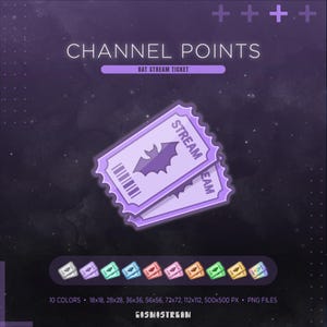 May include: Digital art featuring two light purple tickets with a bat silhouette and the word "STREAM". The text "CHANNEL POINTS" and "BAT STREAM TICKET" are at the top. The image includes 10 color variations and various pixel sizes.