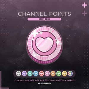 Puede incluir: Gráfico digital que presenta una moneda en forma de corazón rosa con el texto "CHANNEL POINTS" y "HEART COINS". La moneda tiene un corazón en el centro y un borde decorativo. Se muestran variaciones de color adicionales.