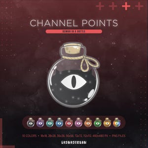 Könnte beinhalten: Digitalgrafik einer Cartoon-Flasche mit Korken und Seildetail. Die Flasche enthält eine dunkle Flüssigkeit und ein weißes Augendesign. Der Text lautet "CHANNEL POINTS" und "DEMON IN A BOTTLE". Enthält 10 Farbvarianten und verschiedene Pixelgrößen.