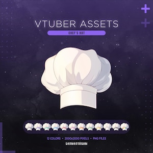May include: A white chef's hat, the main focus of the image, is centered against a dark purple background. The text "VTUBER ASSETS" and "CHEF'S HAT" are displayed. Below the hat are 12 small chef's hat icons with different colored bands.