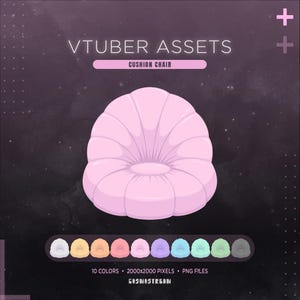 Könnte beinhalten: Ein rosa Kissenstuhl mit einem abgerundeten, blütenblattartigen Design. Das Bild enthält den Text "VTUBER ASSETS" und "CUSHION CHAIR". Unter dem Stuhl befinden sich 10 Farboptionen. Das Bild ist vor einem dunklen, sternenübersäten Hintergrund.