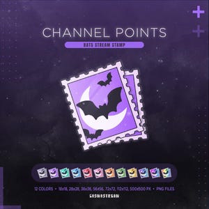 May include: A digital graphic set featuring two overlapping square postage stamp icons with a light purple background, a white crescent moon, and black bat silhouettes. The text reads CHANNEL POINTS, BATS STREAM STAMP, and COSMOSTREAM.