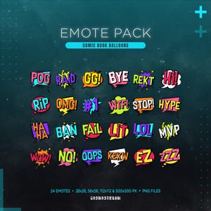 May include: A digital art graphic featuring a collection of comic book style speech bubbles with various text, including "POG," "OMG," and "LOL." The image is labeled "EMOTE PACK" and "COMIC BOOK BALLOONS."