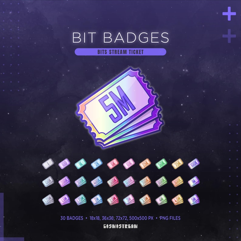 May include: A collection of 30 digital bit badges featuring a ticket design with the text BIT BADGES and BITS STREAM TICKET. Each badge displays a specific numerical value ranging from 1 to 5M in various colors, presented as PNG files in multiple sizes.