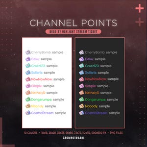 May include: A digital graphic with the text "CHANNEL POINTS" and "DEAD BY DAYLIGHT STREAM TICKET." It features two columns of sample channel point names with colorful icons. Includes file size and color information.