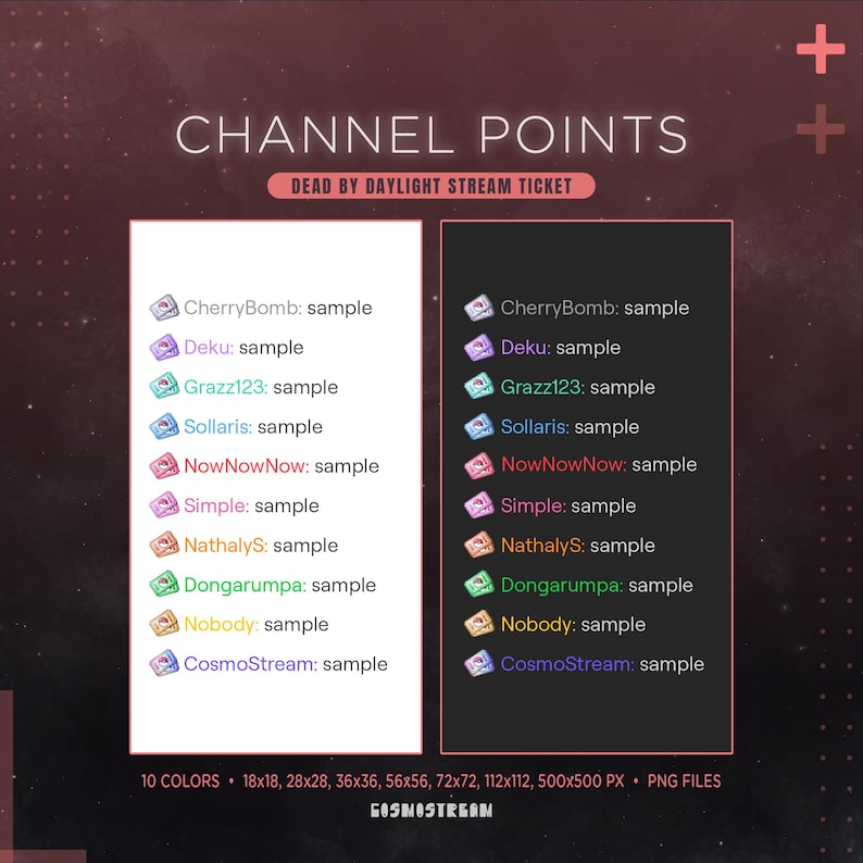 May include: A digital graphic with the text "CHANNEL POINTS" and "DEAD BY DAYLIGHT STREAM TICKET." It features two columns of sample channel point names with colorful icons. Includes file size and color information.