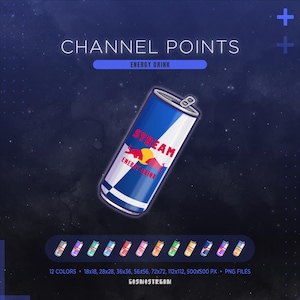 May include: A digital graphic of an energy drink can featuring the text CHANNEL POINTS, ENERGY DRINK, and STREAM ENERGY DRINK with a red bull logo. The design includes a set of 12 cans in various colours, with file specifications listed below.