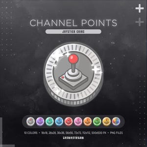 Könnte beinhalten: Digitalgrafik mit einem Joystick-Münzdesign, Text "CHANNEL POINTS" und "JOYSTICK COINS". Die Münze hat einen roten Joystick auf grauem Grund mit silbernem Rand. Enthält 10 Farbvarianten und verschiedene Pixelgrößen.