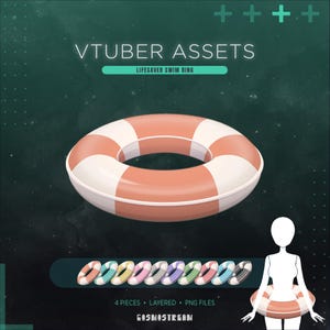 Könnte beinhalten: Ein digitales Asset für VTuber, das ein Schwimmring-Design zeigt. Der Hauptring ist weiß und orange, mit zusätzlichen Farbvariationen. Das Bild enthält den Text "VTUBER ASSETS" und "LIFESAVER SWIM RING".