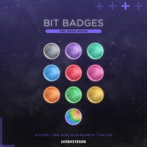 Può includere: Grafica digitale con nove "Bit Badges" circolari e luminosi dai colori vivaci su uno sfondo stellato. Il testo "BIT BADGES" e "FINAL FANTASY MATERIA" sono in alto. La parte inferiore mostra informazioni sul prodotto.
