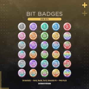May include: A collection of 30 circular digital bit badges labeled COIN BITS, arranged in a grid. Each badge features a unique numerical value ranging from 1 to 5M, displayed in various colors including silver, purple, teal, blue, pink, orange, and gold.