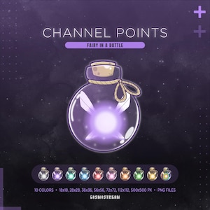 Könnte beinhalten: Digitalgrafik einer Glasflasche mit Korken und einer leuchtenden lila Fee. Der Text lautet "CHANNEL POINTS" und "FAIRY IN A BOTTLE". Darunter sind 10 Farbvariationen dargestellt. Die Bildgrößen sind ebenfalls angegeben.