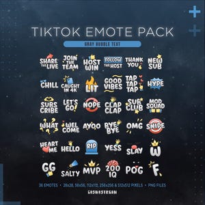 Peut inclure: Graphique numérique présentant un pack d'émoticônes TikTok avec du texte en bulle grise. Le pack comprend 36 émoticônes avec des phrases telles que "Share the Live", "Lit", "Good Vibes" et "OMG". Les émoticônes sont disponibles en plusieurs tailles, dont 28x28 et 512x512 pixels.