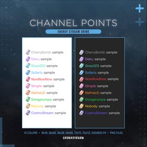 Może przedstawiać: Cyfrowy projekt graficzny z dwiema kolumnami ikon z nazwami takimi jak CherryBomb i Deku, oznaczonymi jako 'Channel Points' i 'Energy Stream Drink'. Projekt zawiera r&oacute;żne schematy kolor&oacute;w i rozmiary, z tekstem 'CosmoStream' na dole.