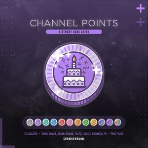 Puede incluir: Un gráfico digital que presenta un icono de moneda morada con una ilustración de pastel de cumpleaños, incluyendo una vela encendida y confeti. El texto dice CHANNEL POINTS y BIRTHDAY CAKE COINS. Debajo hay 12 variaciones de color del icono.
