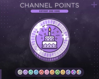 Icono de puntos del canal de Twitch con forma de pastel de cumpleaños / Canjear monedas en la transmisión de celebración / Emoticonos e insignias de cumpleaños