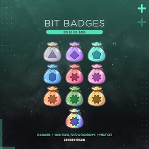Op de afbeelding: Een verzameling van tien kleurrijke bit badges in de vorm van trekkoordzakjes. Elke tas heeft een andere kleur en een uniek geometrisch ontwerp. De tekst "BIT BADGES" en "CHEER BIT BAGS" staat bovenaan.