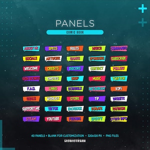 Puede incluir: Un diseño gráfico digital con paneles coloridos para Twitch u otras plataformas de streaming. Los paneles, con un estilo de cómic, incluyen opciones como «Acerca de mí», «Redes sociales», «Bienvenida» y «Suscríbete». La palabra «PANELS» está en la parte superior.