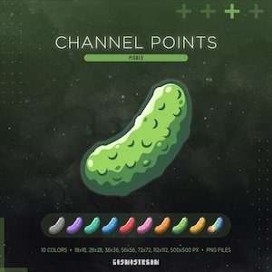 Könnte beinhalten: Digitalgrafik mit einem Cartoon-Gurke, dem Text "CHANNEL POINTS" und "PICKLE". Das Bild enthält eine Vielzahl farbenfroher Gurken-Icons und den Text "10 COLORS". Der Hintergrund ist dunkelgrün mit weißen Punkten.