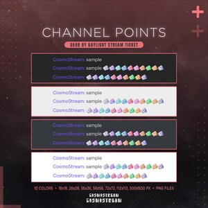 May include: Graphic design for channel points, featuring the text "CHANNEL POINTS" and "DEAD BY DAYLIGHT STREAM TICKET." The design includes multiple rows of colorful icons and the text "CosmoStream: sample." Includes various sizes and PNG files.