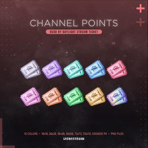 May include: A graphic featuring ten colorful Dead by Daylight stream tickets. The tickets are in various colors, including purple, blue, green, and pink. Text on the image reads "CHANNEL POINTS" and "DEAD BY DAYLIGHT STREAM TICKET."