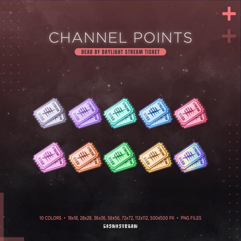 May include: A graphic featuring ten colorful Dead by Daylight stream tickets. The tickets are in various colors, including purple, blue, green, and pink. Text on the image reads "CHANNEL POINTS" and "DEAD BY DAYLIGHT STREAM TICKET."