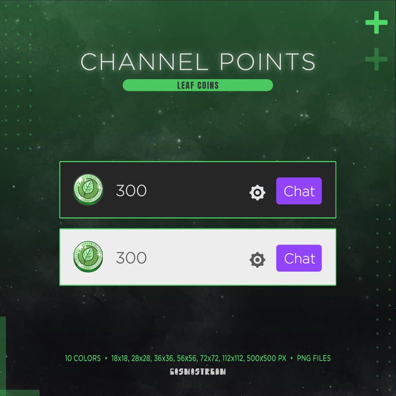 May include: Digital graphic design with the text "CHANNEL POINTS" and "LEAF COINS". Two buttons display "300" with a leaf icon, a settings icon, and a purple "Chat" button. The design includes various sizes and color options.