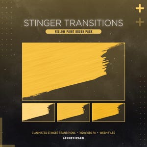 以下が含まれることがあります： 「STINGER TRANSITIONS」と「YELLOW PAINT BRUSH PACK」のテキストが入ったグラフィック。大きな黄色の筆致と3つの小さなバージョンが特徴です。下部のテキストには「3 ANIMATED STINGER TRANSITIONS 1920x1080 PX WEBM FILES」と書かれています。