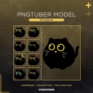 Pode incluir: Gráfico digital de um modelo PNGTuber "Fat Black Cat", apresentando oito expressões diferentes. O gato preto tem olhos grandes amarelos e uma boca rosa. O texto indica a resolução e os formatos de arquivo do modelo.