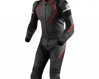 Traje de motociclista de carreras para hombre: traje de cuero con protección de armadura, negro y rojo.