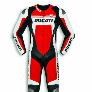 Red White Black Motorcycle Racing Suit | Professional Leather Biker Gear | One-Piece Riding Suit for Men