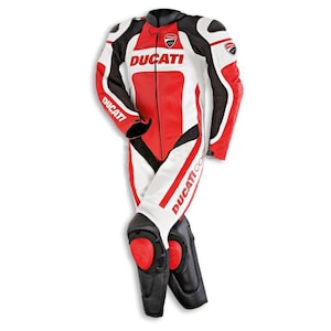 Motorcycle Racing Leather Suit – Red, White & Black Protective Riding Gear with Knee Sliders