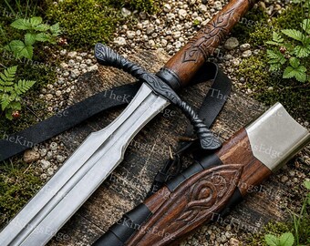 Medieval Cosplay Sword Prop, Engraved Wooden Handle, Leather Scabbard, Knight Costume Accessory